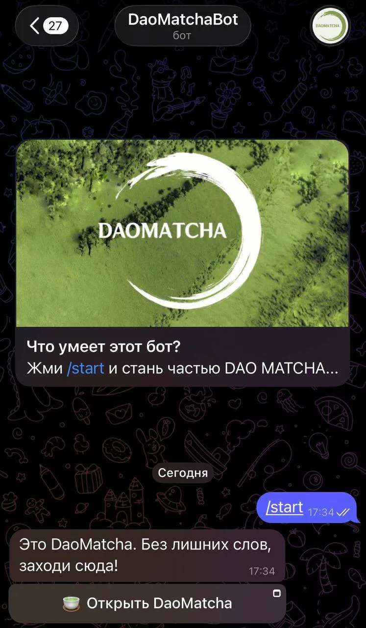 Страница бота в Telegram с описанием возможностей DAO MATCHA